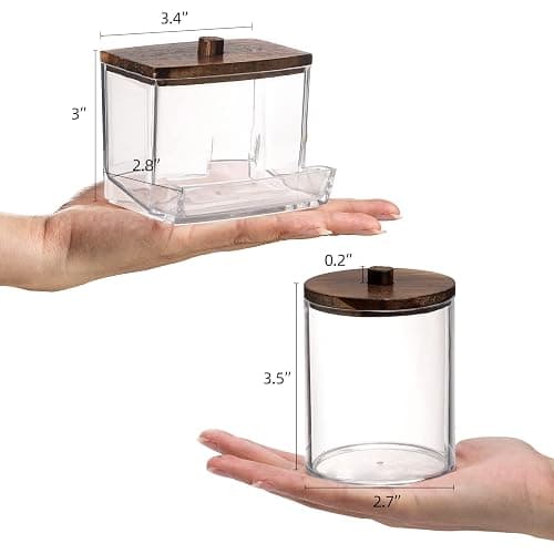 Tbestmax Qtips Holder Bathroom Container, 10 OZ Cotton Ball/Swabs Dispenser, Apothecary Jar Organizer for Storage Brown Wood Lids thumbnail 3