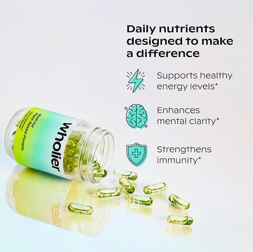 wholier Multi for Plant Based People, Multivitamin for Men & Women, Omega 3 DHA + EPA, Vitamin B12, D3, Iron, Iodine, Zinc, Selenium, K2 for Overall Wellness Support, Vegan, Gluten Free, 60 Capsules thumbnail 3