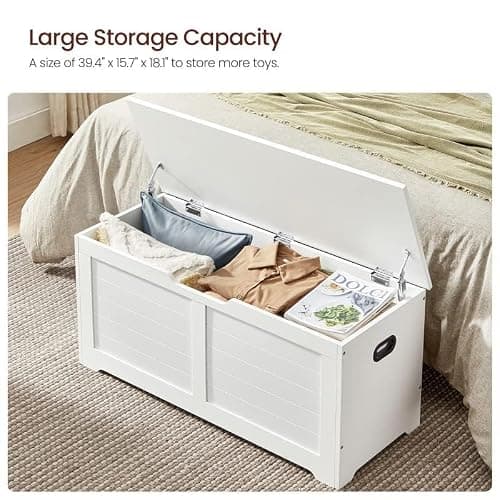 VASAGLE Storage Chest, Storage Bench with 2 Safety Hinges, Farmhouse Style, 15.7 x 39.4 x 18.1 Inches, for Entryway, Bedroom, Living Room, Cloud White ULSB061T10 thumbnail 5