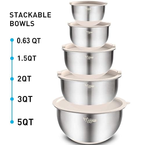 Wildone Mixing Bowls with Airtight Lids Set, 5PCS Stainless Steel Khaki Nesting Bowls for Kitchen, with Grater Attachments & Non-Slip Bottoms, Size 5, 3, 2, 1.5, 0.63 QT, Great for Mixing & Serving thumbnail 3