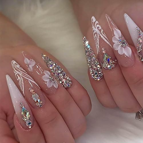 RUOKEXIN Long Press on Nails Stiletto Shaped Fake Nails Handmade False Nails with Rhinestones Designs White Ombre Glue on Nails Glitter Artificial Nails Luxury Stick on Nails for Women 24Pcs