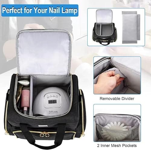 Nail Polish Organizer Holds 80 Bottles and a Nail Lamp,Nail Polish Carrying Case with 2 Removable Bags,Nail Organizers and Storage for Nail Tech,Portable Nail Polish Holder for Nail Supplies,Black thumbnail 2
