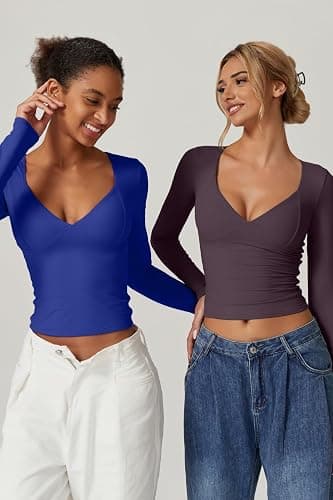 QINSEN Women's Long Sleeve V Neck T Shirts Double Lined Crop Top Seamed Cup Going Out Tops thumbnail 5
