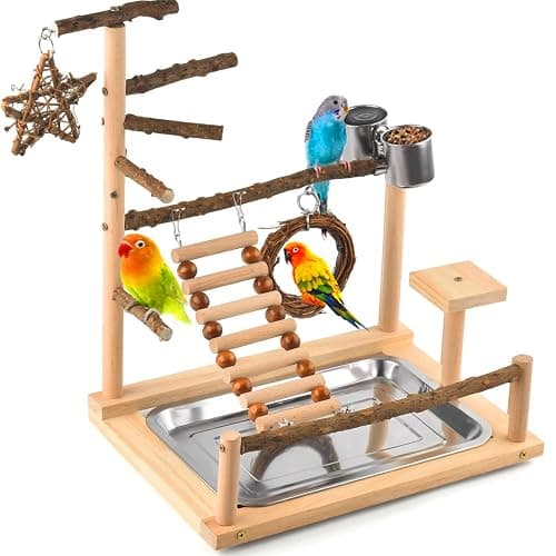 KATUMO Bird Playground - Natural Wooden Perches Parakeet Ladder Conure Swing Bird Cage Accessories with Removable Tray & 2 Stainless Steel Cups - Image 1
