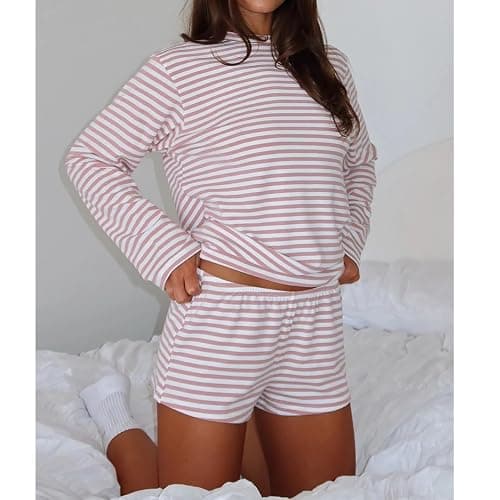 Meihuida Women Striped Pajama Set Y2k Lounge Outfit Long Sleeve Top with Matching Shorts 2 Piece Pjs thumbnail 5