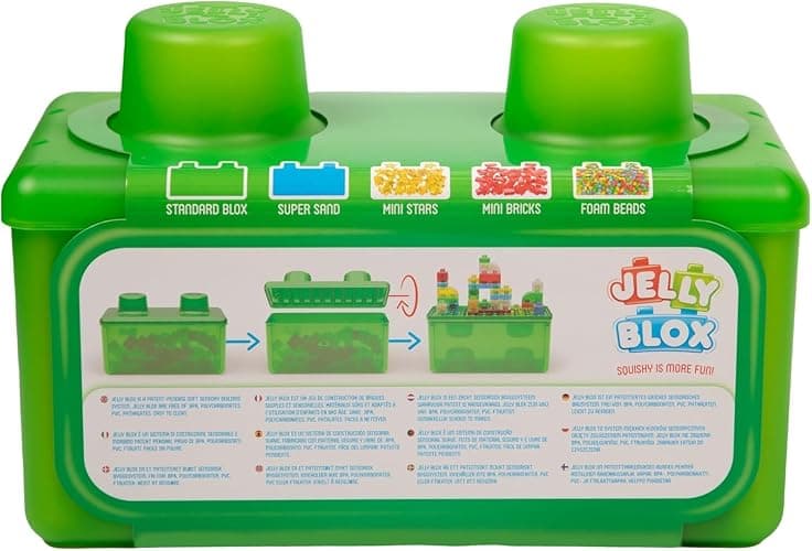 JELLY BLOX- Boite de Rangement + 30 Blocs de Construction Tactiles - Jeu de Construction pour Enfants dès 2 Ans - Expérience Sensorielle avec Blocs Extensibles, Souples et Flexibles - Boite Ouverte thumbnail 8