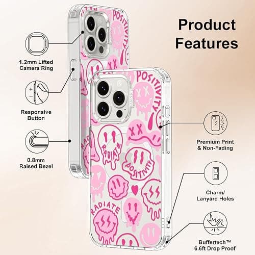 MOSNOVO Case for iPhone 15 Pro Max, [Compatible with Magsafe] [Buffertech 6.6ft Military-Grade Drop Protection] [Anti Peel Off Tech] Clear Phone Case Design - Pink Dripping Smiles thumbnail 7