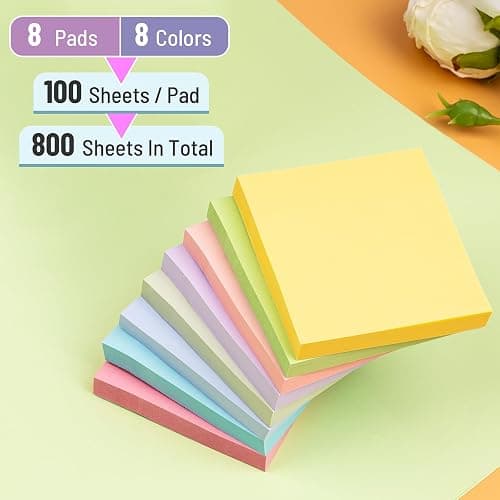 Sticky Notes 3x3 Inches, 8 Pads, 800 Sheets, 8 Color Sticky Note Pads, Premium Sticky Pads, Sticky Notes Bulk, Self-Stick Note Pads, 100 Sheets/pad thumbnail 3