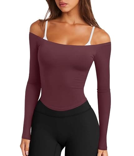 LASLULU Womens Sexy Off The Shoulder Long Sleeve Workout Tops Strapless T Shirts Crop Top Casual Fall Outfits - Image 1