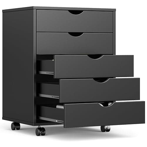 OLIXIS 5 Drawer Mobile File Cabinet Under Desk Storage Organization with Wheels Vertical Filing Chest Rolling Wood Small Desk Printer Stand for Home Office, 15.75"D x 18.74"W x 25.39"H, Black - Image 1
