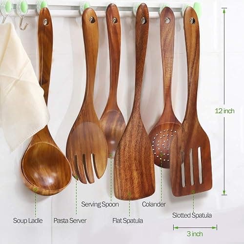 Lot de 6 Ustensiles de Cuisine en Bois de Teck Naturel - Grande Taille, Antiadhésifs, Cuillères, Spatule, Passoire - Durables thumbnail 3
