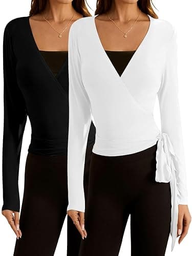 SweatyRocks Women's Y2k Pilates Wrap Tops Ballet Yoga Coquette Shirt Cute Long Sleeve Workout Activewear - Image 1