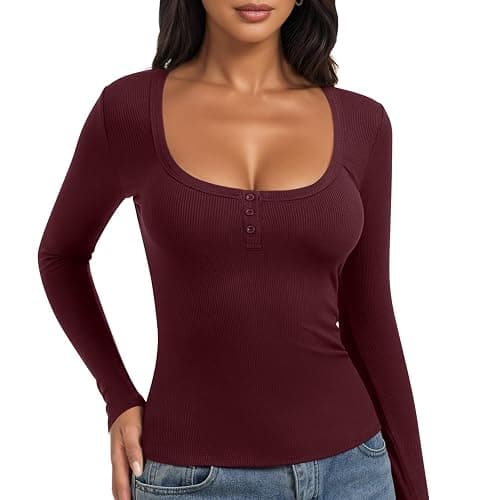 PINKMSTYLE Ribbed Square Neck Long Sleeve Top for Women Cute Y2K Fall Tops Trendy Going Out Tops thumbnail 2