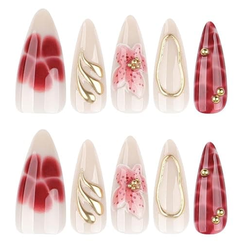 Flower Press on Nails Medium Almond Fake Nails with Gold Embossed Design Full Cover Stick on Nail Pink Floral False Nails Glossy Acrylic Nails for Women Nail Manicure Decoration 24 Pcs thumbnail 5