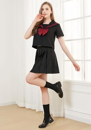 Yarawphy Women's Japanese School Girls Uniform Sailor Costume Long Sleeve Anime Cosplay Pleated Skirt with Glasses Socks thumbnail 4