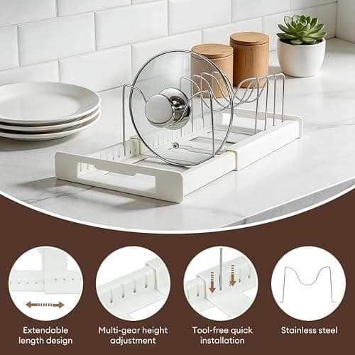Tenrry Adjustable Pot and Pan Organizer for Cabinet, Expandable 12"-22" Pan Lid Rack with 7 Stainless Steel Dividers, ABS White Kitchen Cabinet Organizer for Pots, Lids, Cutting Boards thumbnail 4
