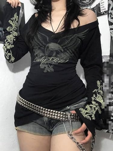 Grunge Shirts Emo Clothe Teen Girls Vintage Graphic Tee Y2k 2000s Goth Top Women Mcbling Long Sleeve Streetwear thumbnail 3