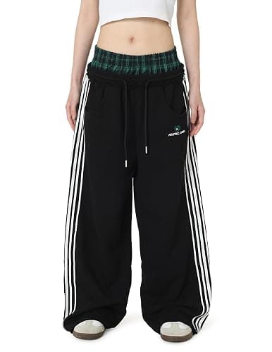 Aelfric Eden Baggy Wide Leg Sweatpants for Women Plaid Patchwork Sweat Pants Loose Long Pants with Pockets - Image 1