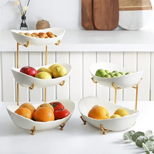 HOMKULA 2 Tier Ceramic Fruit Bowl for Kitchen Counter, Tiered Fruit Basket for Countertop, Modern Multi Layer Fruit Display Stand for Party, Cute (Gold&White, Small) thumbnail 2