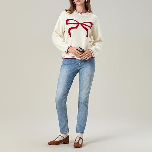 Women Cute Bow Sweater Long Sleeve Bow Front Knitted Pullover Oversized Jumper Ribbed Knitwear Y2k Going Out Top thumbnail 2