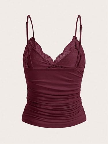 Naileksi Women Y2k Lace Trim Cami Top Spaghetti Strap Fairy Grunge Tank Top V Neck Ruched Bow Lace Patchwork Cami Shirt thumbnail 2