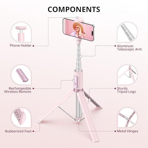 ATUMTEK 1.4m Selfie Stick Tripod, All-in-one Extendable Aluminum Phone Tripod with Rechargeable Bluetooth Remote for iPhone, Samsung, Google, LG, Sony and More, Fitting 4.7-7 inch Smartphones, Pink thumbnail 6