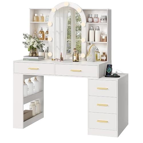 RALGEND Vanity Desk with Mirror and Lights, 47" Makeup Vanity Desk with Power Outlet, 5 Drawers & Open Storage Shelf, 3 Color Modes, White Vanity Desk for Women Girls, Dressing Table for Bedroom thumbnail 8