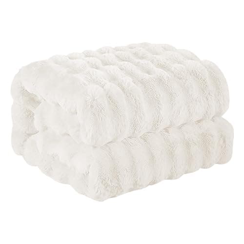 Faux Rabbit Fur Throw Blanket, Luxury Soft Warm Bubble Blanket for Bed, Couch, Sofa, Beige, 50" X 60" thumbnail 7