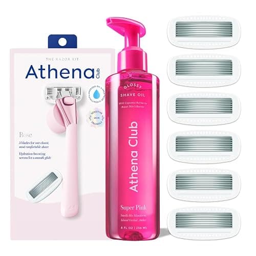 Athena Club Women’s Razor Shave Kit, 5-Blade Cartridge Razor for Sensitive Skin, Serum-Infused Blades with Shea Butter and Hyaluronic Acid, Includes Handle, 6 Refills, Shower Hook, and Shave Oil - Image 1