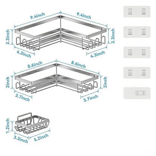 Flyrat 3 Pack Adhesive Corner Shower Caddy Shelf Organizer Rack, No Drilling Stainless Steel Shower Storage Rack with Hooks for Bathroom Storage & Home Decor thumbnail 5