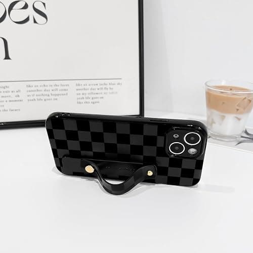 NITITOP Compatible with iPhone 15 Case with Wrist Strap Kickstand Cute Trendy Checkerboard Plaid for Women Girls Slim Fit TPU Silicone Shockproof Full Camera Protective Cover - Black thumbnail 6