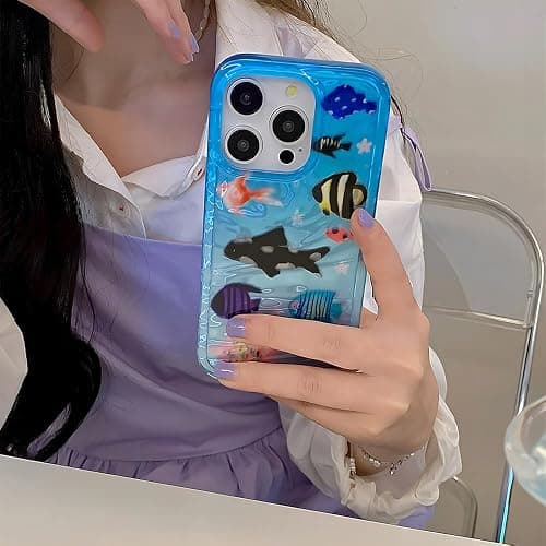 Casechics Compatible with iPhone Case,Cute Ocean Animals Aquaria Lovely Fishes Full Body Protection Soft Shockproof Cover Phone Case (Blue,iPhone 15) thumbnail 5