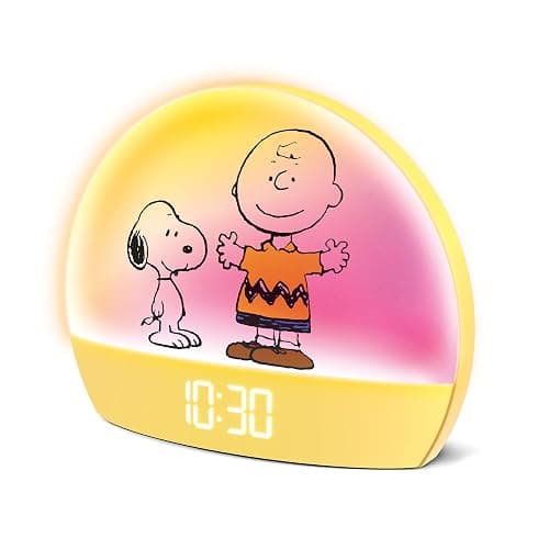 Peanuts Snoopy Sunrise Alarm Clock โ Vibrant Snoopy Edition with Multicolor Lights, USB Charging, LED Display, Gentle Wake-Up Simulation, and Handy Snooze Function, Yellow - Image 1