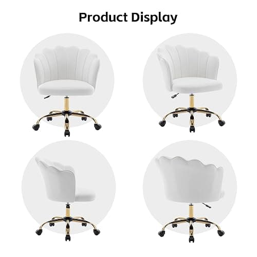 DRKAT Swivel Office Chair, Modern Home Office Desk Chair, Velvet Shell Back Vanity Chair with Golden Metal Base, Height Adjustable Upholstered Cute Task Chair, Ivory thumbnail 6