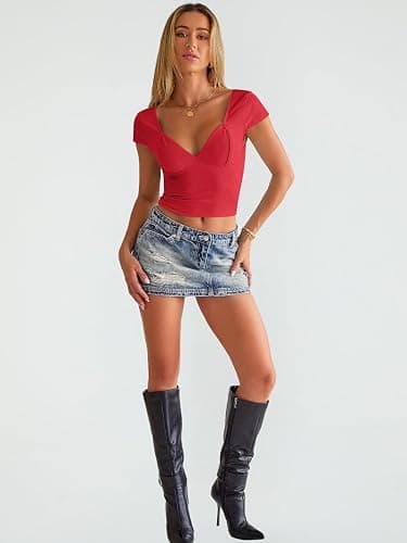 Trendy Queen Womens Summer V-Neck Backless Cute Tops Short Sleeve Sexy Slim Fit T-Shirts Y2K Clothes Corset Cami 2025 thumbnail 6