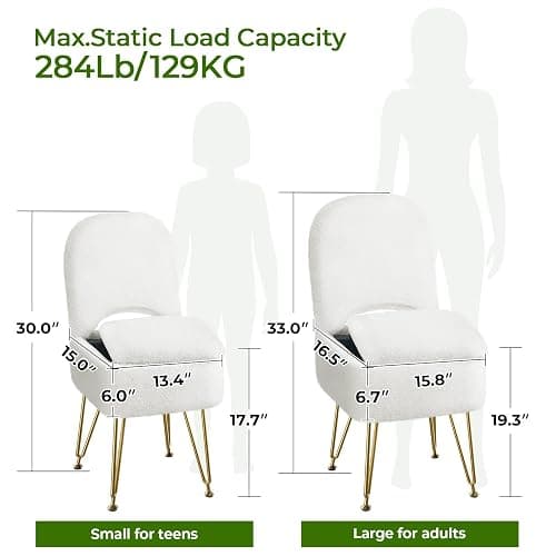 GREENSTELL Small Vanity Stool Chair with Storage and Folding Back, 13.4" x 15" x 30" Square Faux Fur Soft Ottoman, 4 Metal Legs with Anti-Slip Feet, Furry Padded Seat for Makeup, Bedroom, White thumbnail 3
