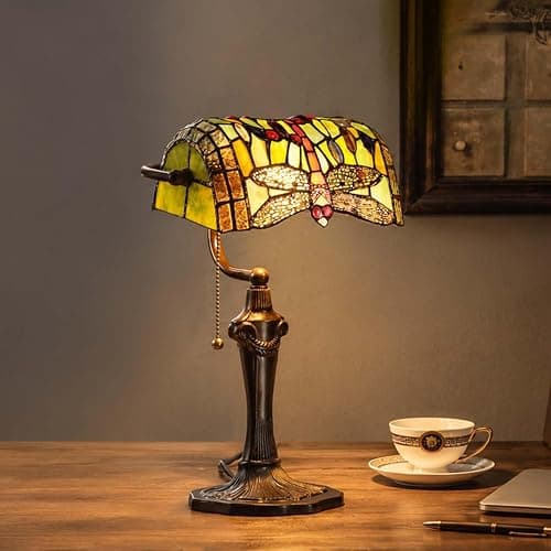 Bieye L10058 Dragonfly Tiffany Style Stained Glass Banker Table Lamp with 10-inch Wide Lampshade and Zinc Base for Reading Working Desk (Green) thumbnail 2