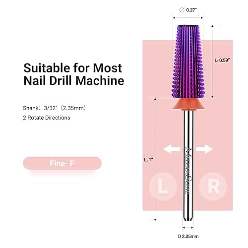 MelodySusie Professional 5 in 1 Nail Drill Bits, 3/32'' Carbide Tungsten Multi-function Bits, Suitable for Manicure Pedicure Cuticle Gel Polishing, Technicians Bits, Purple, Series Bit-M, Fine thumbnail 6