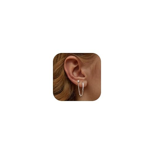 Adramata Chain Earrings for Women - 925 Sterling Silver Double Piercing Stud Hoop Earrings 14K Gold Huggie Earrings for Multiple Piercing CZ Drop Cartilage Helix Earrings for Teen Girls - Image 1