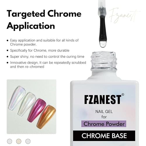 FZANEST Chrome Base Coat Gel Base Top Coat for Chrome Nail Powder 15ml No Wipe Clear Gel Nail Polish High Gloss Mirror Shine Long Lasting Easy Application Soak off DIY Home Salon Art Design thumbnail 2