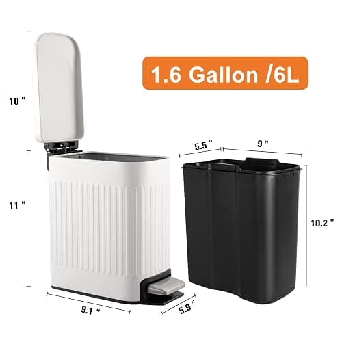 TrashAid Slim Bathroom Trash Can with Lid Soft Close, 6 Liter/1.6 Gallon Stainless Steel Small Garbage Can with Removable Inner Bucket, Step Pedal, Slim Wastebasket for Toilet, Office, Bedroom, White - White thumbnail 5