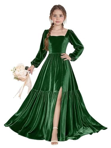 Chyrbaby Long Sleeve Velvet Junior Bridesmaid Dresses Girls Holiday Dresses with Slit Christmas Maxi Dress Formal Party Gown thumbnail 5