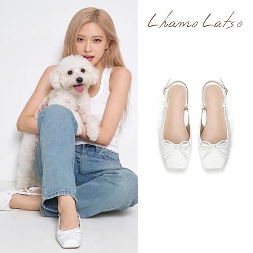 ⭐️Lhamo Latso Women's Ballet Flats Slingbacks Square Toe Bow Knit Dressy Flat Shoes with Ankle Buckles Satin thumbnail 5