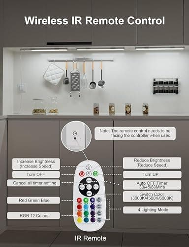 Diomart RGB Under Cabinet Lights with Remote, Dimmable Plug-in/Hardwired LED Light Bar for Kitchen Counter, 12 Inch, 3 Pack | Multi-Color Modes for Desk, Closet thumbnail 3