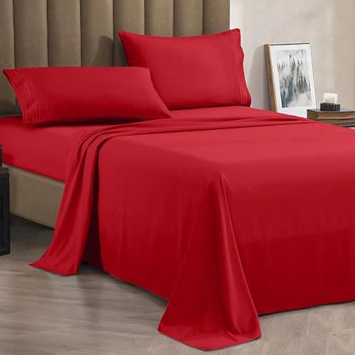 CELINE LINEN Premium 1800 Hotel Quality Wrinkle-Resistant 4-Piece Microfiber Sheet Set - Luxury Ultra Soft and Breathable Bedding 16 Inch Deep Pocket 4PC Sheet Set, Full, Red thumbnail 6