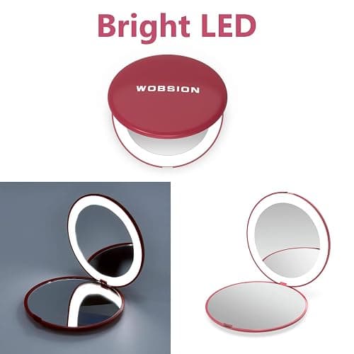 wobsion Travel Mirror with Light, 1x/10x Compact Magnifying Mirror,Handheld 2-Sided Pocket Mirror,Led Small Makeup Mirror,3.5in Compact Mirror for Purses,Travel Size Mirror for Handbag,Gift,Wine Red thumbnail 9