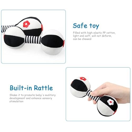 JoyLife Jouets D'éveil Bebe 0 3 6 12 Mois, Noirs et blancs Jouet de Peluche Hochets Haltère Cadeau pour Bebe Garçon Fille, Voyage Douce Jouets en Peluche avec des sons pour Nouveau-né cadeaux thumbnail 6