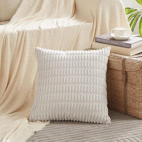 Fancy Homi 2 Packs Pure White Decorative Throw Pillow Covers 18x18 Inch for Living Room Couch Bed Sofa, Rustic Farmhouse Boho Home Decor, Soft Striped Corduroy Square Cushion Case 45x45 cm thumbnail 2