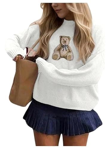 Floerns Women's Bear Long Sleeve Pullover Sweater Cute Crew Neck Knitted Tops - Image 1