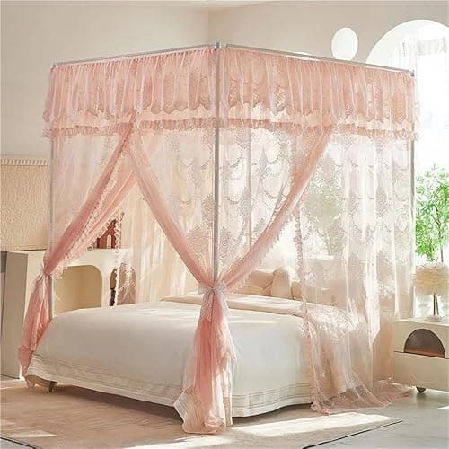 Miusocal Three-Door Floor Standing Bed Canopy with Metal Frame, Lace Canopy Bed Curtain, Elegant Lace Princess 4 Corner Post Mosquito Net, Bedroom Decoration(Pink,W78.7 x L86.6in) thumbnail 6